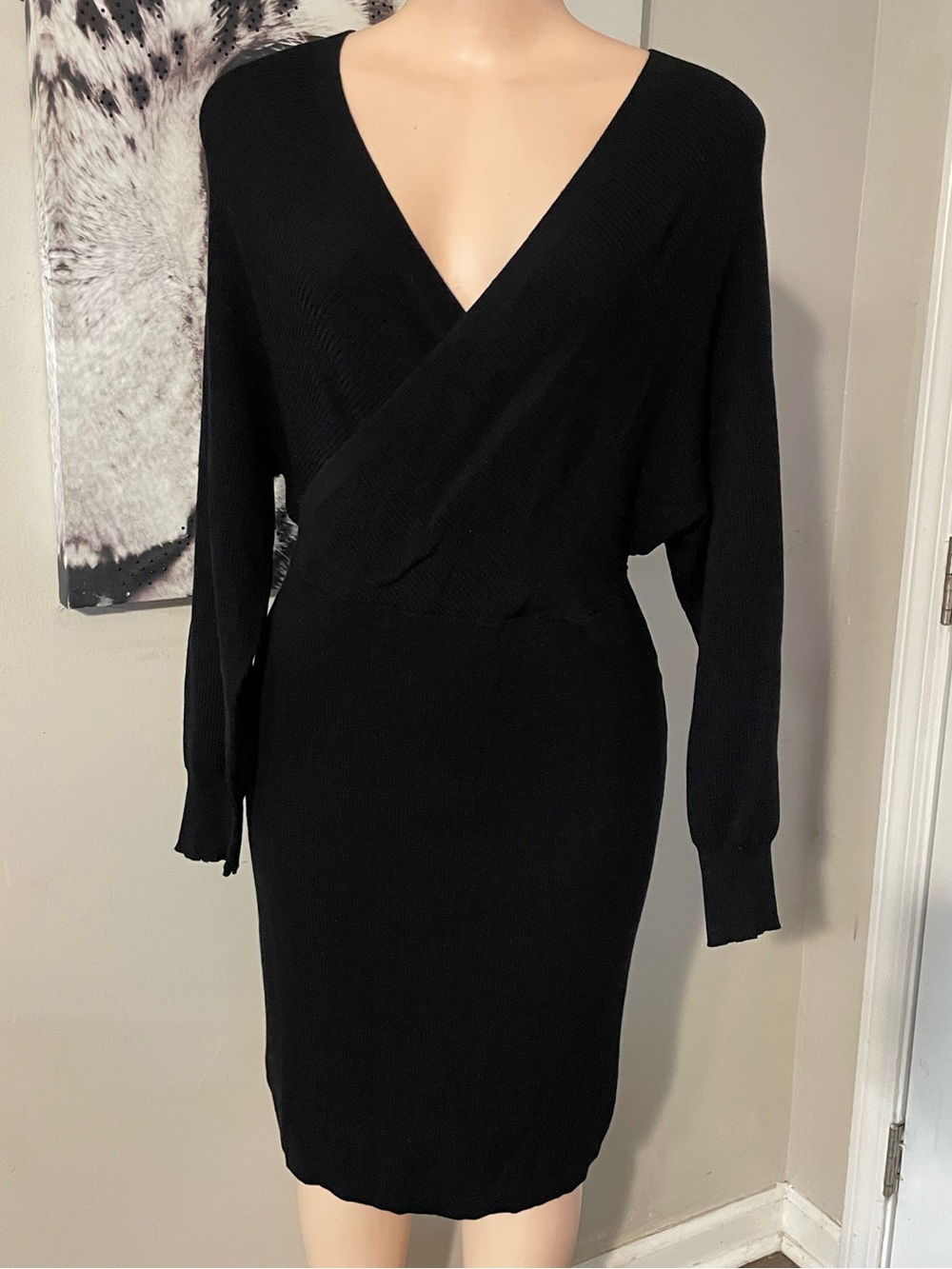 New Cato Ribbed Sweater Black V-Neck Long Sleeve Knit Dress stretch gothic small